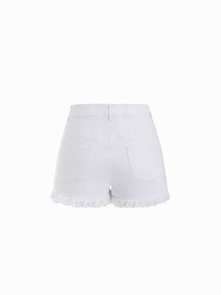 Washed Denim High Rise Fringe Hem Shorts