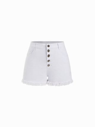 Washed Denim High Rise Fringe Hem Shorts