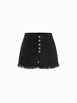 Washed Denim High Rise Fringe Hem Shorts