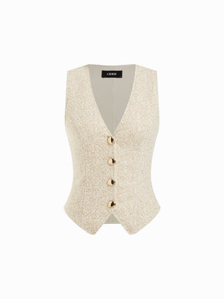 Cotton-blend Textured V-neck Blazer Vest With Metal Button Detail
