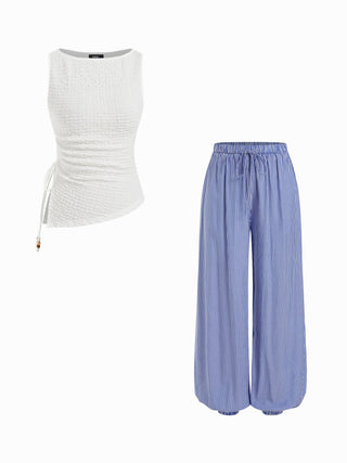 Cotton-blend Textured Drawstring Tank Top & High Rise Striped Joggers Set