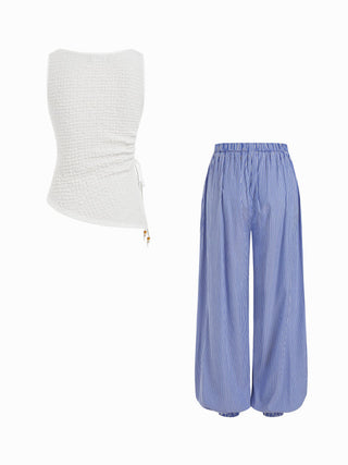 Cotton-blend Textured Drawstring Tank Top & High Rise Striped Joggers Set