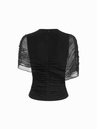Mesh Round Neckline Ruched Short Sleeve Top