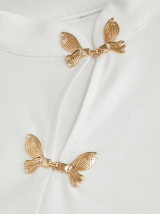 Mandarin Collar Metal Detail Cut Out Ruched Split Top