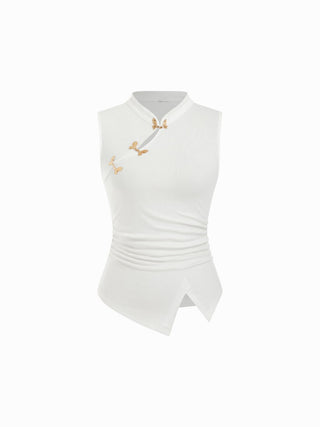 Mandarin Collar Metal Detail Cut Out Ruched Split Top