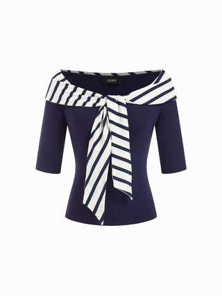 Cotton-blend Striped Sailor Collar Off-shoulder Mid-length Sleeve Tee