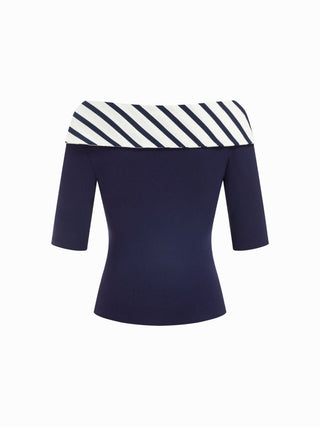 Cotton-blend Striped Sailor Collar Off-shoulder Mid-length Sleeve Tee