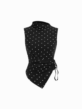 Gingham Stand Collar Asymmetrical Hem Ruched Knotted Top