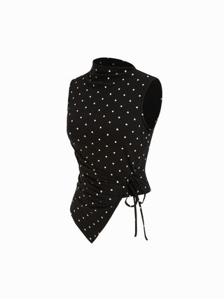 Gingham Stand Collar Asymmetrical Hem Ruched Knotted Top