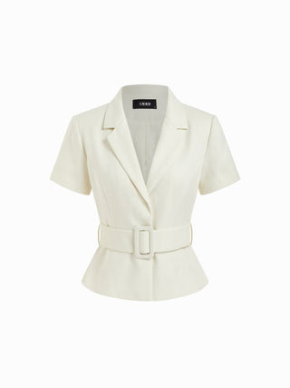 Collar Short Sleeve Peplum Belted Blazer With Shoulder Pads
