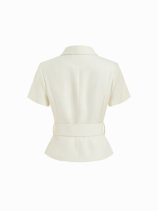 Collar Short Sleeve Peplum Belted Blazer With Shoulder Pads