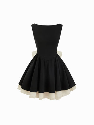Knit Fabric Colorblock Boat Neck High Rise Bowknot Flared Mini Dress For Daily Casual Date
