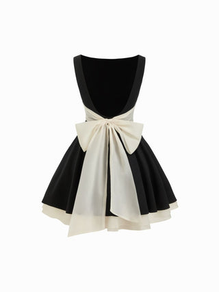 Knit Fabric Colorblock Boat Neck High Rise Bowknot Flared Mini Dress For Daily Casual Date