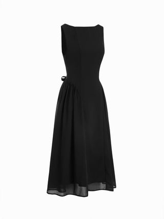 Chiffon Boat Neck Draped A-line Midi Dress