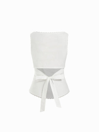 Linen-blend Boat Neck Lace Trim Knotted Sleeveless Blouse