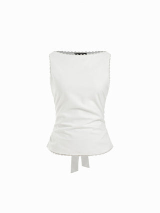 Linen-blend Boat Neck Lace Trim Knotted Sleeveless Blouse