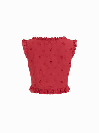 Square Neck Ruffled Top & Low Rise Embroidery Ruffle Hem Mini Skirt Set