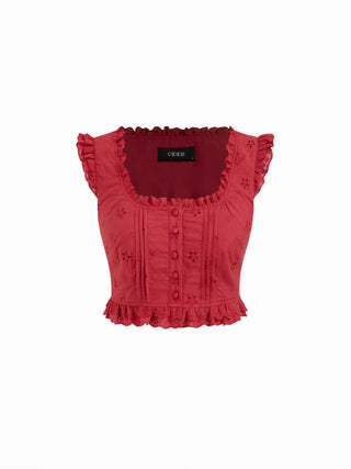 Square Neck Ruffled Top & Low Rise Embroidery Ruffle Hem Mini Skirt Set