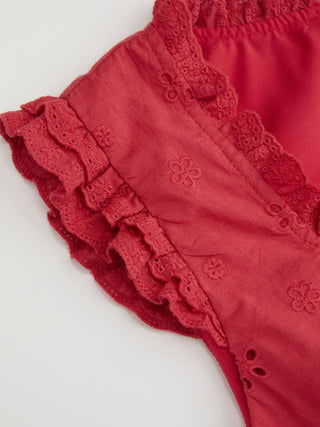 Square Neck Ruffled Top & Low Rise Embroidery Ruffle Hem Mini Skirt Set