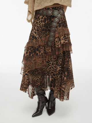 Chiffon High Rise Leopard Print Layered Maxi Skirt