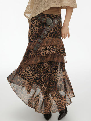 Chiffon High Rise Leopard Print Layered Maxi Skirt