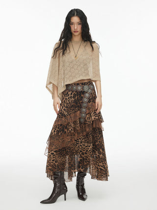 Chiffon High Rise Leopard Print Layered Maxi Skirt
