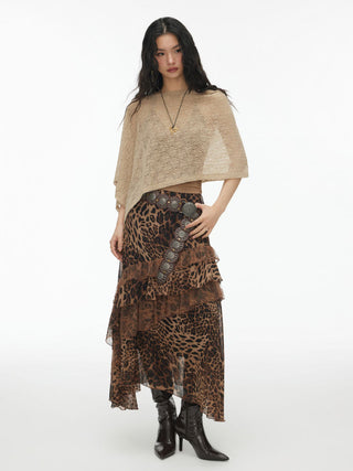 Chiffon High Rise Leopard Print Layered Maxi Skirt