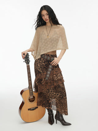 Chiffon High Rise Leopard Print Layered Maxi Skirt