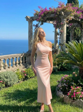 Satin Asymmetrical Neck Backless Maxi Dress