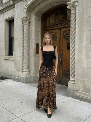 Chiffon High Rise Leopard Print Layered Maxi Skirt