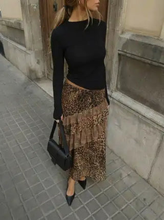 Chiffon High Rise Leopard Print Layered Maxi Skirt