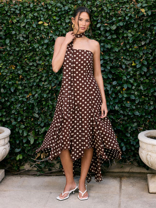 Chiffon Halter Neckline Polka Dot Ruffled Hem Ruched Maxi Dress
