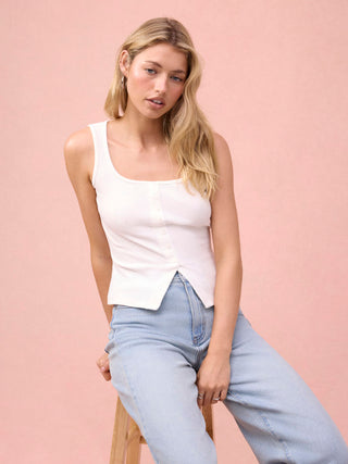 Cotton Scoop Neck Button Front Asymmetrical Hem Crop Top