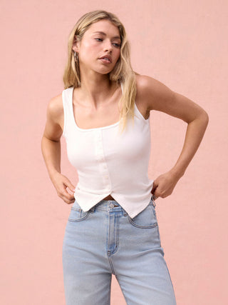 Cotton Scoop Neck Button Front Asymmetrical Hem Crop Top