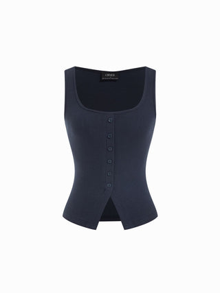 Cotton Scoop Neck Button Front Asymmetrical Hem Crop Top