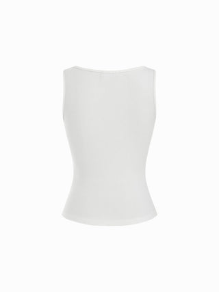 Cotton Scoop Neck Button Front Asymmetrical Hem Crop Top