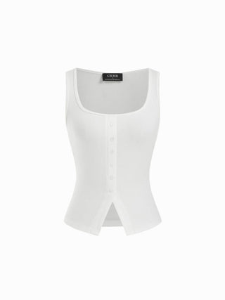 Cotton Scoop Neck Button Front Asymmetrical Hem Crop Top