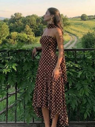 Chiffon Halter Neckline Polka Dot Ruffled Hem Ruched Maxi Dress