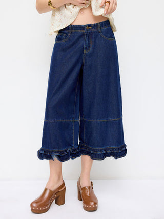 Washed Denim Low Rise Elastic Waist Wide Leg Cropped Bloomer Jeans