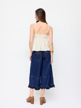 Washed Denim Low Rise Elastic Waist Wide Leg Cropped Bloomer Jeans