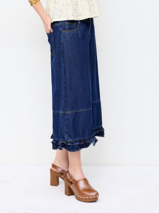 Washed Denim Low Rise Elastic Waist Wide Leg Cropped Bloomer Jeans
