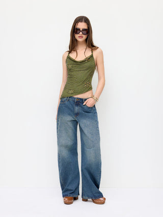 Mesh Mesh Cowl Neck Floral Beading Sequin Cami Top For Daily Casual Coffee Shop Vacation