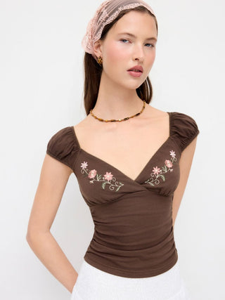 Cotton-blend V-Neck Floral Embroidery Ruched Puff Sleeve Top