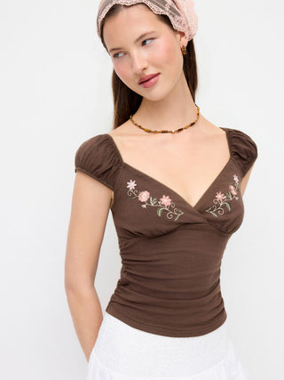 Cotton-blend V-Neck Floral Embroidery Ruched Puff Sleeve Top