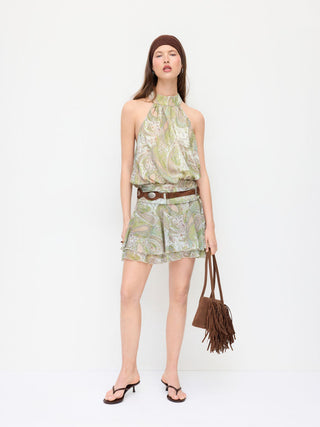 Chiffon Paisley Halter Neckline Shirred Layered Mini Dress