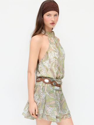 Chiffon Paisley Halter Neckline Shirred Layered Mini Dress
