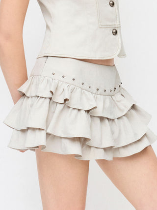 Low Rise Ruffled Metal Detail Layered Mini Skort
