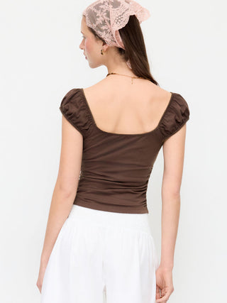 Cotton-blend V-Neck Floral Embroidery Ruched Puff Sleeve Top