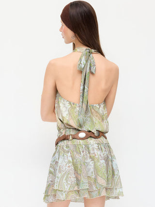 Chiffon Paisley Halter Neckline Shirred Layered Mini Dress