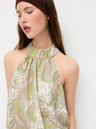 Chiffon Paisley Halter Neckline Shirred Layered Mini Dress